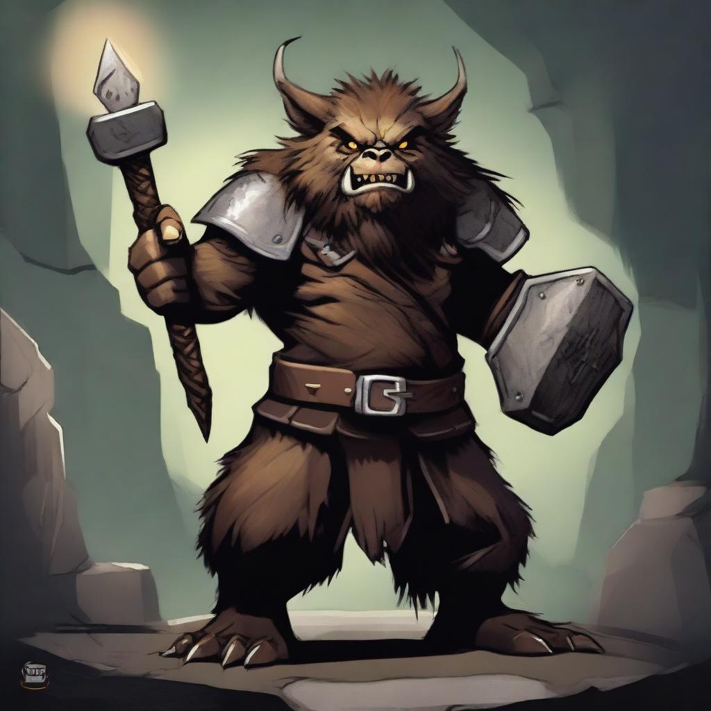 A dark-furred Bugbear goblinoid with a symbol of a justice scale sealed on its armor, wielding a long two-handed hammer