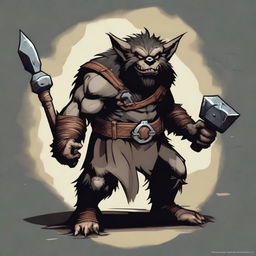 A dark-furred Bugbear goblinoid with a symbol of a justice scale sealed on its armor, wielding a long two-handed hammer