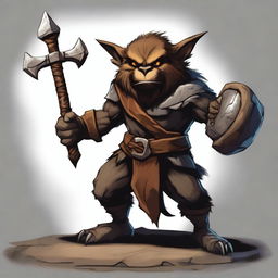 A dark-furred Bugbear goblinoid with a symbol of a justice scale sealed on its armor, wielding a long two-handed hammer