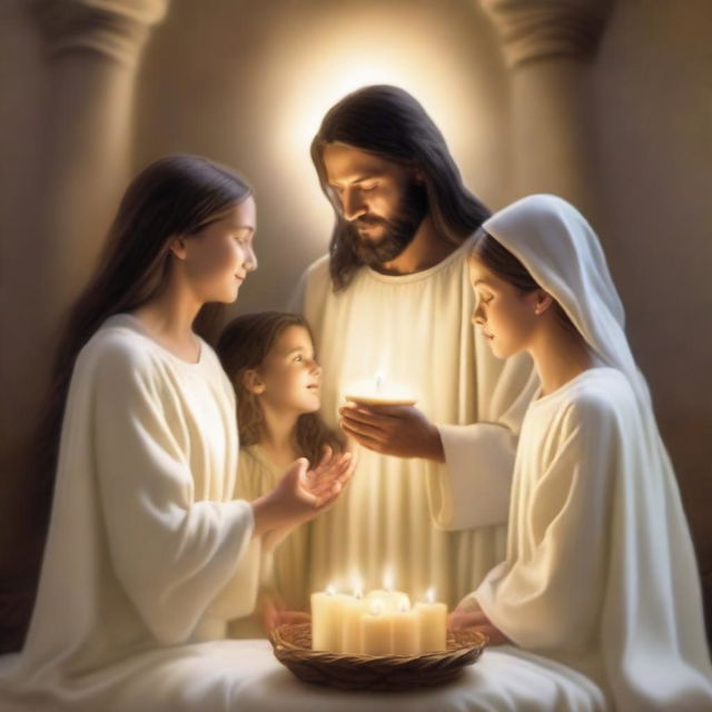 A touching scene featuring a mother, father, son, and daughter gathered together with Jesus holding the Eucharist at the center