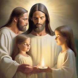 A touching scene featuring a mother, father, son, and daughter gathered together with Jesus holding the Eucharist at the center