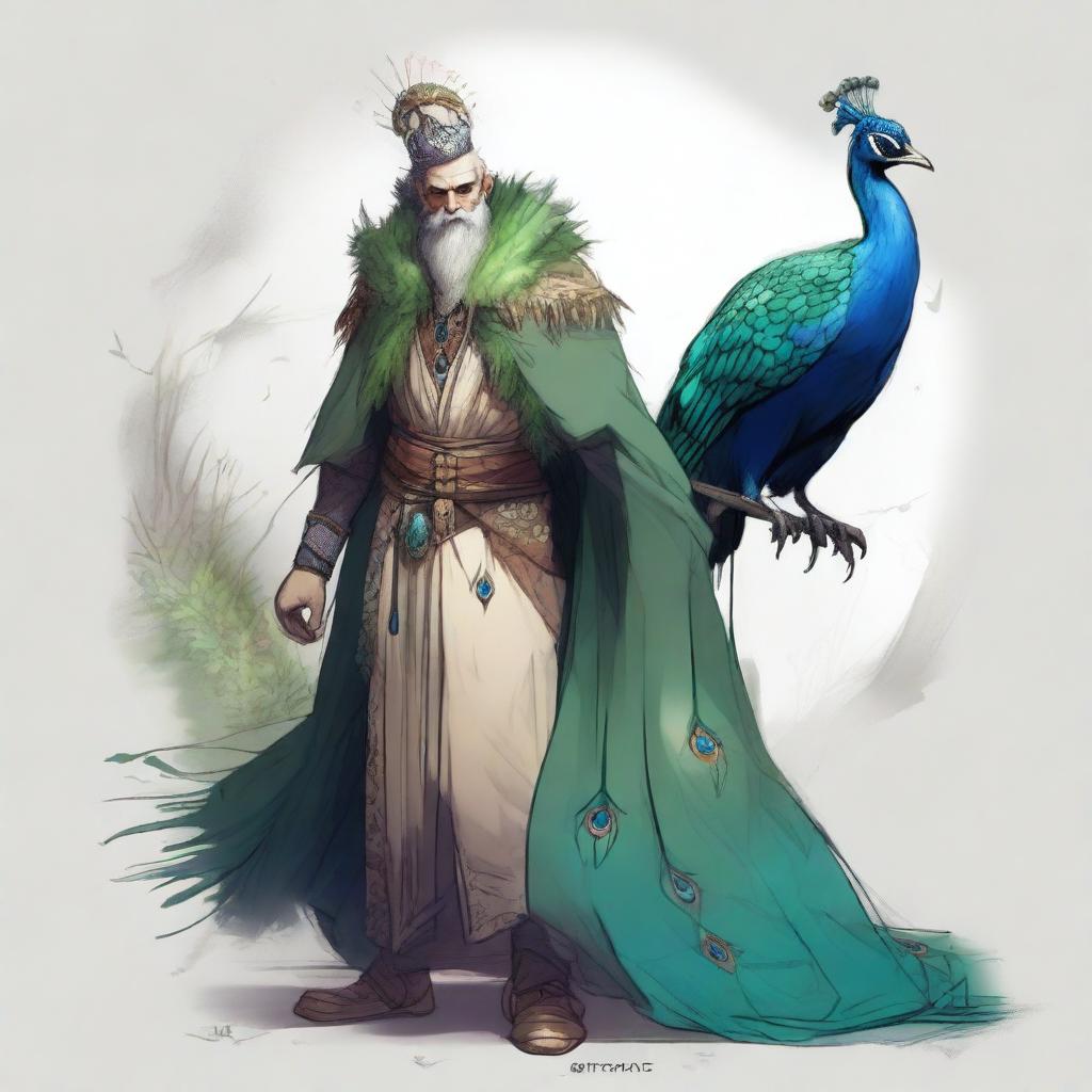 A detailed sketch of a druid character with peacock feathers incorporated into their attire