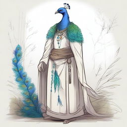 A detailed sketch of a druid character with peacock feathers incorporated into their attire