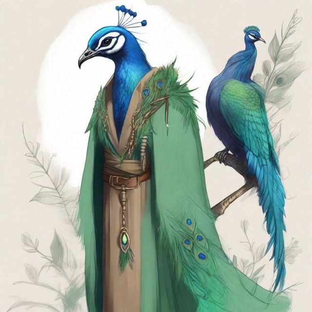 A detailed sketch of a druid character with peacock feathers incorporated into their attire