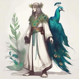 A detailed sketch of a druid character with peacock feathers incorporated into their attire