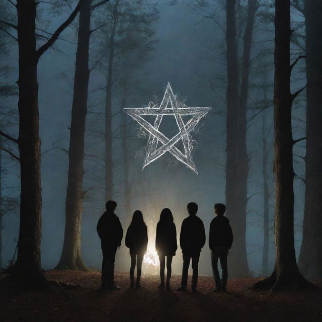 A moonlit forest scene featuring three teenage boys and one teenage girl gathered around a scorching witchy pentagram, encircled by tall trees, adding an air of mystery and adventure.