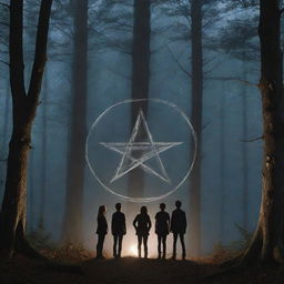 A moonlit forest scene featuring three teenage boys and one teenage girl gathered around a scorching witchy pentagram, encircled by tall trees, adding an air of mystery and adventure.