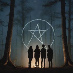 A moonlit forest scene featuring three teenage boys and one teenage girl gathered around a scorching witchy pentagram, encircled by tall trees, adding an air of mystery and adventure.