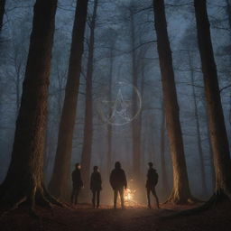 A moonlit forest scene featuring three teenage boys and one teenage girl gathered around a scorching witchy pentagram, encircled by tall trees, adding an air of mystery and adventure.