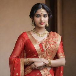 A girl beautifully dressed in a vibrant red sari