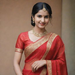 A girl beautifully dressed in a vibrant red sari