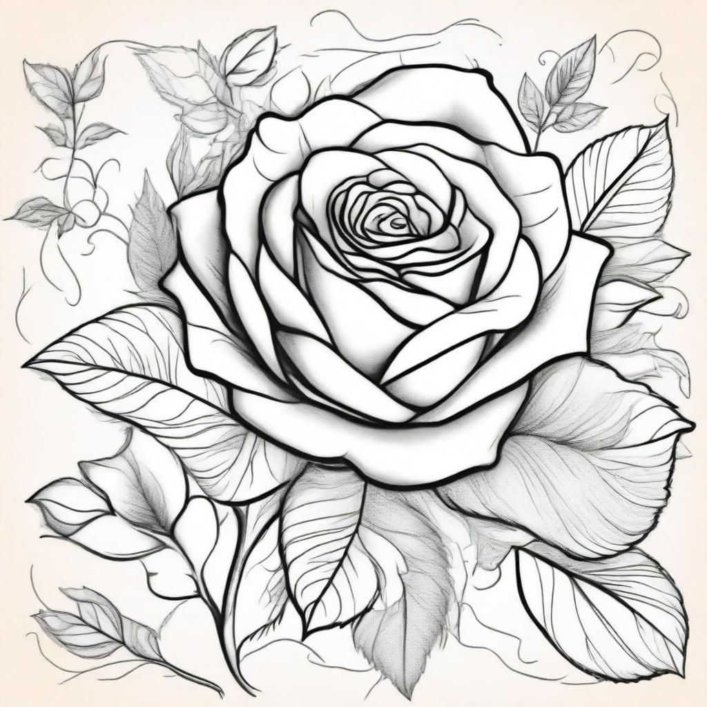 A beautiful rose flower with intricate details and patterns, designed as a coloring book cover