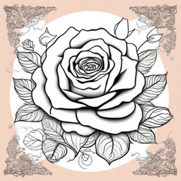 A beautiful rose flower with intricate details and patterns, designed as a coloring book cover