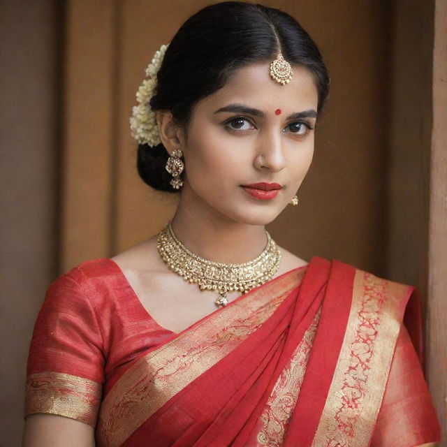 A girl beautifully dressed in a vibrant red sari