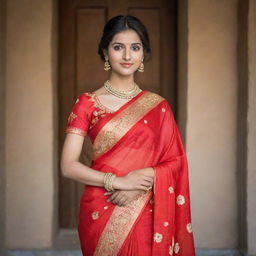 A girl beautifully dressed in a vibrant red sari