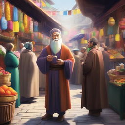 A man meets a wizard at a bustling market