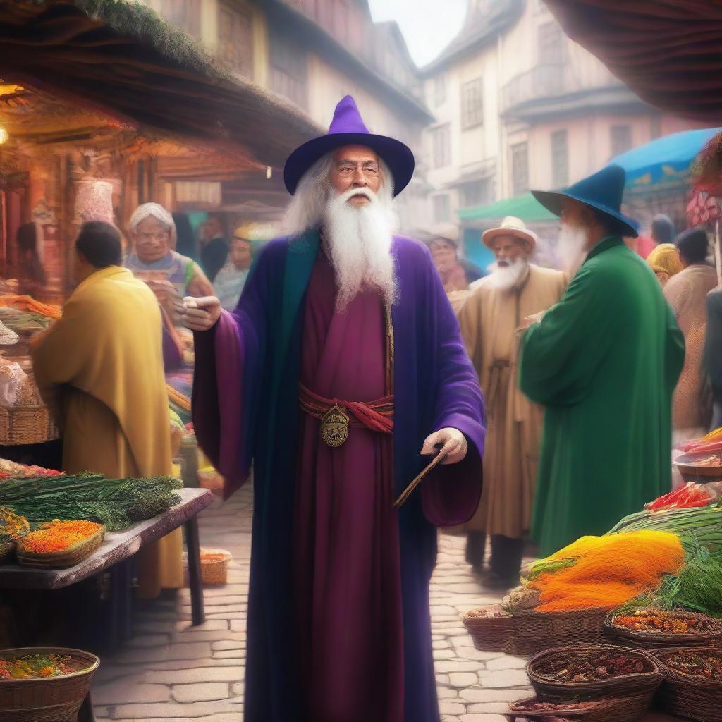 A man meets a wizard at a bustling market