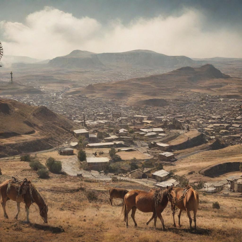 A captivating depiction of Lesotho in the light of steampunk, illustrating the capital Maseru with antediluvian mechanics, countryside landscapes blended with steam-work windmills, and clockwork equines traversing the lofty mountain ranges.