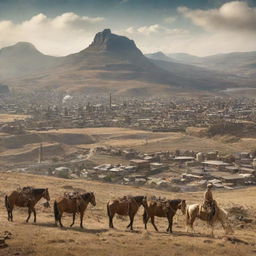 A captivating depiction of Lesotho in the light of steampunk, illustrating the capital Maseru with antediluvian mechanics, countryside landscapes blended with steam-work windmills, and clockwork equines traversing the lofty mountain ranges.