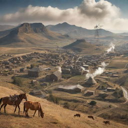 A captivating depiction of Lesotho in the light of steampunk, illustrating the capital Maseru with antediluvian mechanics, countryside landscapes blended with steam-work windmills, and clockwork equines traversing the lofty mountain ranges.