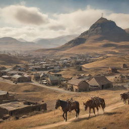 A captivating depiction of Lesotho in the light of steampunk, illustrating the capital Maseru with antediluvian mechanics, countryside landscapes blended with steam-work windmills, and clockwork equines traversing the lofty mountain ranges.