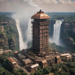 A creative vision of Zimbabwe layered with a steampunk aesthetic, showcasing the cityscape of Harare adorned with riveted brass structures, the Victoria Falls integrated with mechanical wonders, and the savanna enlivened by steam-empowered wildlife.