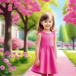 A small girl wearing a stylish, hot pink dress