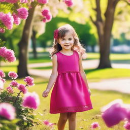 A small girl wearing a stylish, hot pink dress