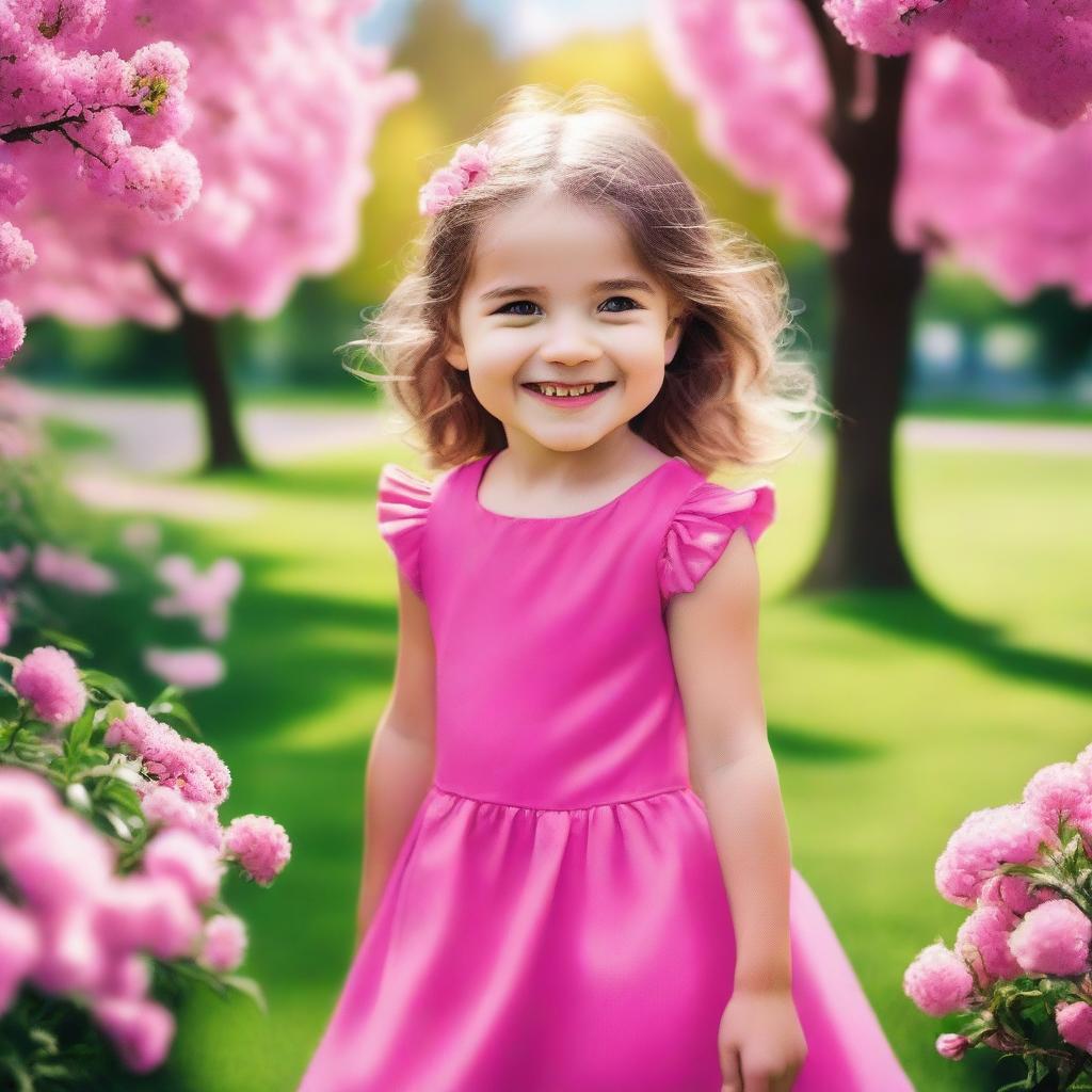 A small girl wearing a stylish, hot pink dress