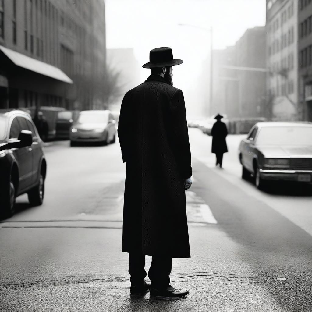 A Lubavitch Hasidic Jew standing by a highway, dressed in traditional attire with a black hat and long coat