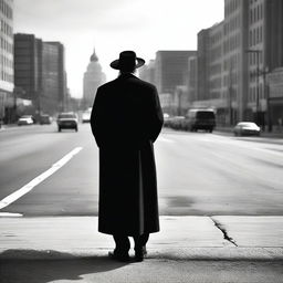 A Lubavitch Hasidic Jew standing by a highway, dressed in traditional attire with a black hat and long coat