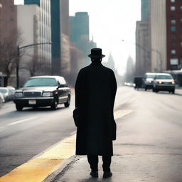 A Lubavitch Hasidic Jew standing by a highway, dressed in traditional attire with a black hat and long coat