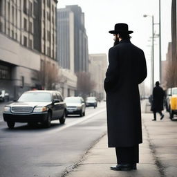 A Lubavitch Hasidic Jew standing by a highway, dressed in traditional attire with a black hat and long coat