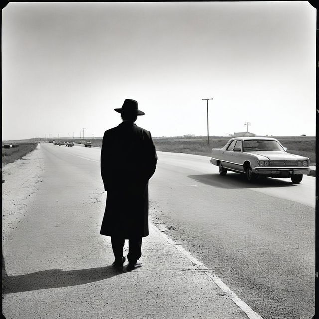 A Lubavitch Hasidic Jew waiting on a highway, with a title that says 'Paso en la autopista!' in a bold font