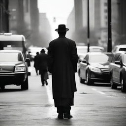 A Lubavitch Hasidic Jew waiting on a busy highway with many cars in Brooklyn