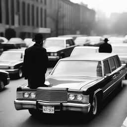 A Lubavitch Hasidic Jew waiting on a busy highway with many cars in Brooklyn