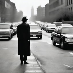 A Lubavitch Hasidic Jew waiting on a busy highway with many cars in Brooklyn