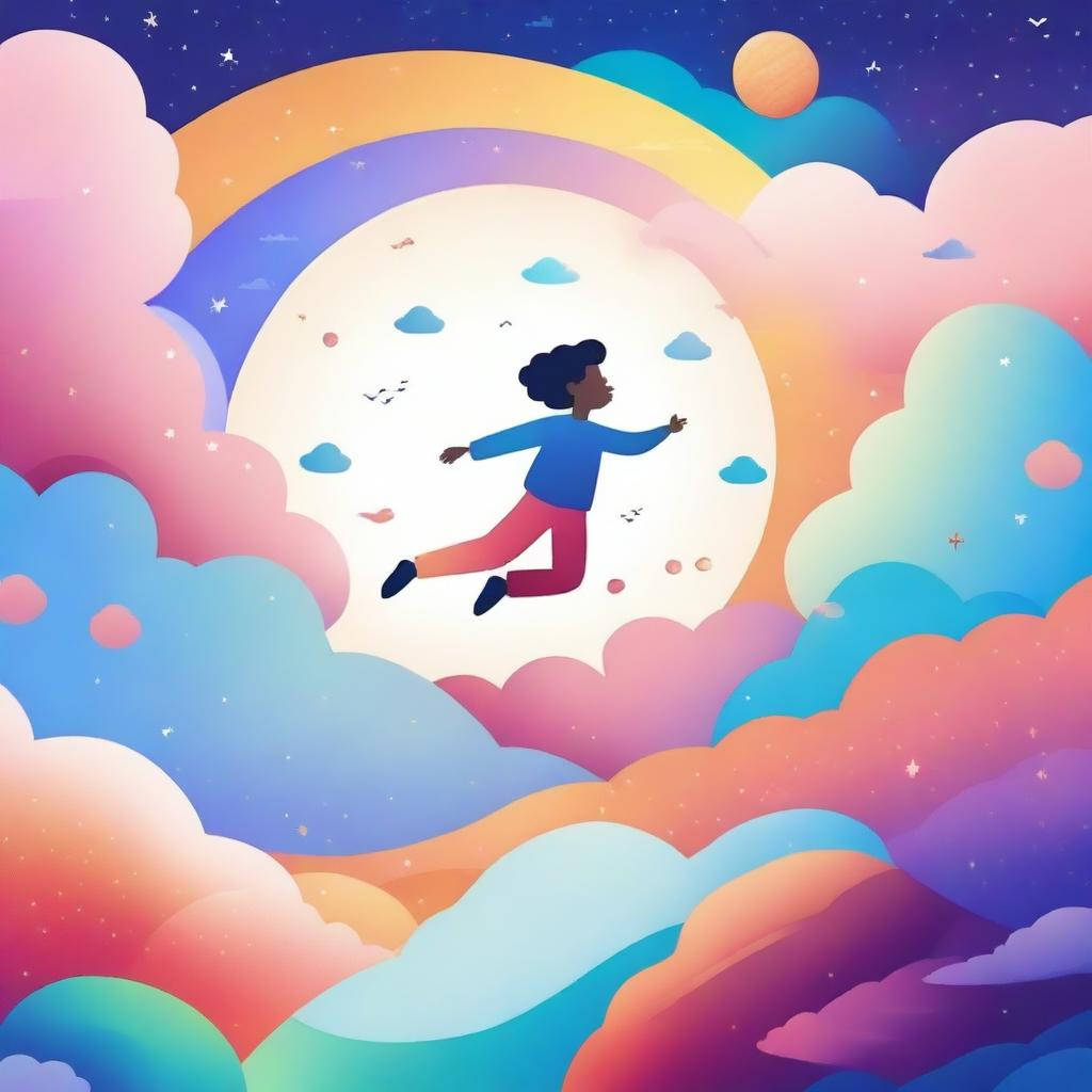 Create a background image featuring a person floating or flying in a dreamlike landscape with vibrant, ethereal colors