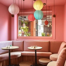 An adorable, cozy café with pastel colored furniture, dotted with small round tables, cushioned chairs, hanging lanterns, and with the smell of fresh espresso wafting in the air.