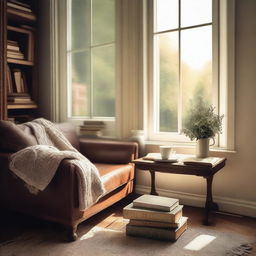 Create an image of a cozy afternoon scene featuring books on a shelf and a cup of coffee