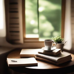 Create an image of a cozy afternoon scene featuring books on a shelf and a cup of coffee