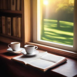 Create an image of a cozy afternoon scene featuring books on a shelf and a cup of coffee