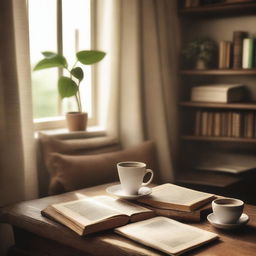 Create an image of a cozy afternoon scene featuring books on a shelf and a cup of coffee