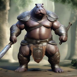 Create an image of a humanoid hippo warrior