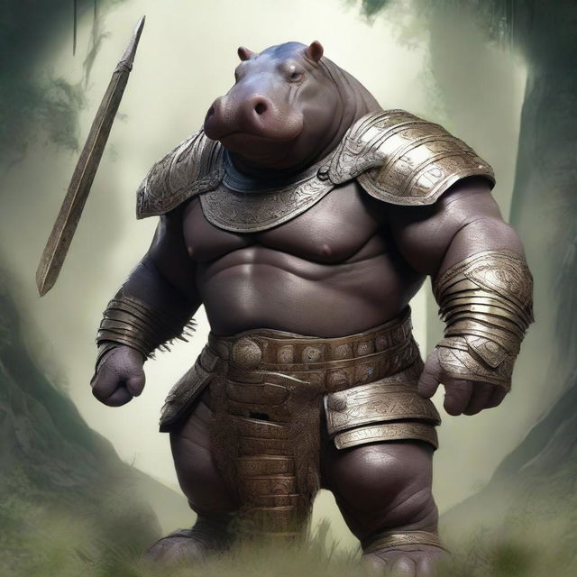 Create an image of a humanoid hippo warrior