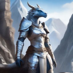 A majestic female dragonborn with blue eyes, adorned in white armor