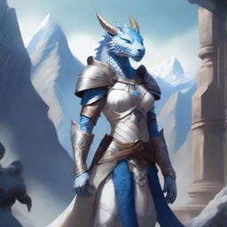 A majestic female dragonborn with blue eyes, adorned in white armor