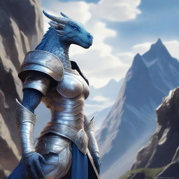 A majestic female dragonborn with blue eyes, adorned in white armor