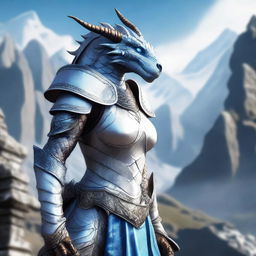 A majestic female dragonborn with blue eyes, adorned in white armor