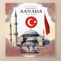 Create a Turkish ebook cover featuring various famous Turkish attractions, such as the Hagia Sophia, the Blue Mosque, and Cappadocia